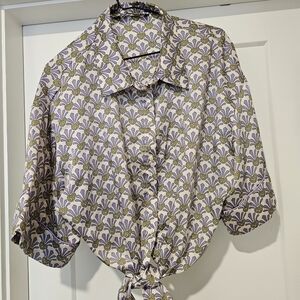 Zara Patterned Tie-Front Blouse - Lavender and Olive